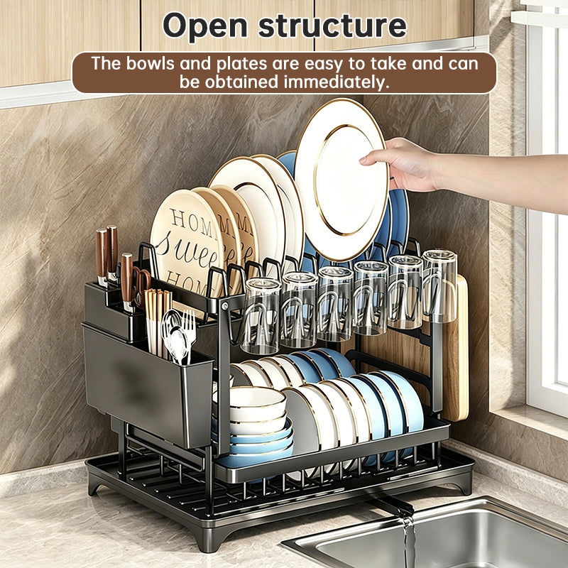 2-Tier Large Capacity Dish Drying Rack, Rustproof Carbon Steel Kitchen Sink Drainer with Cutting Board & Utensil Holder