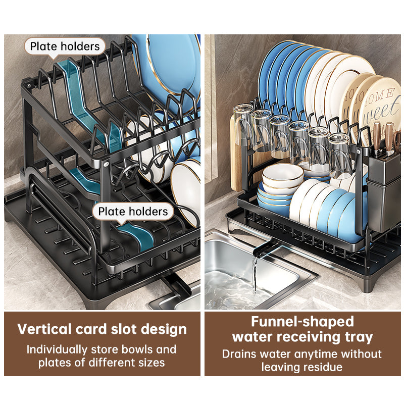 2-Tier Large Capacity Dish Drying Rack, Rustproof Carbon Steel Kitchen Sink Drainer with Cutting Board & Utensil Holder